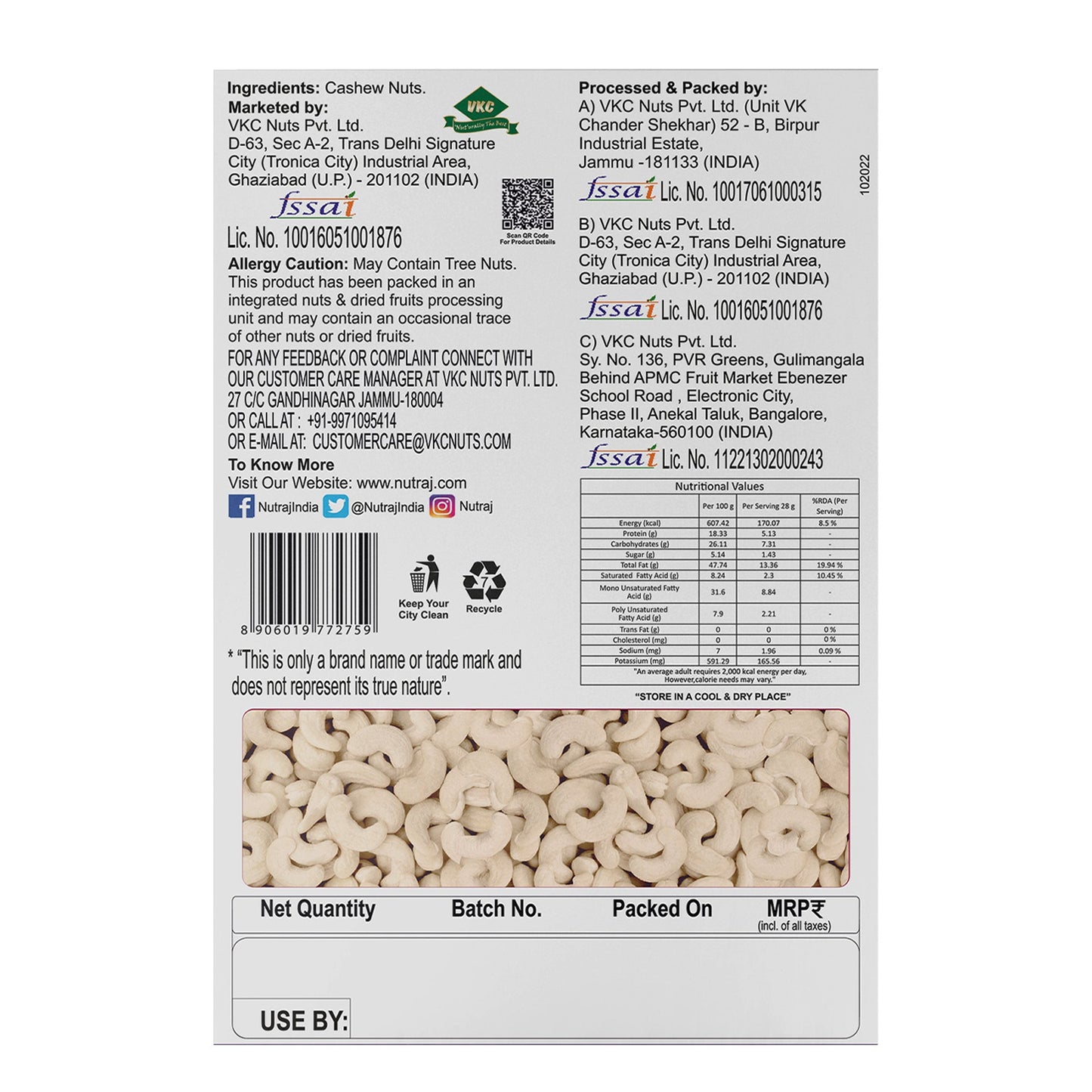 Nutraj Cashew Nuts 200gm (W240)