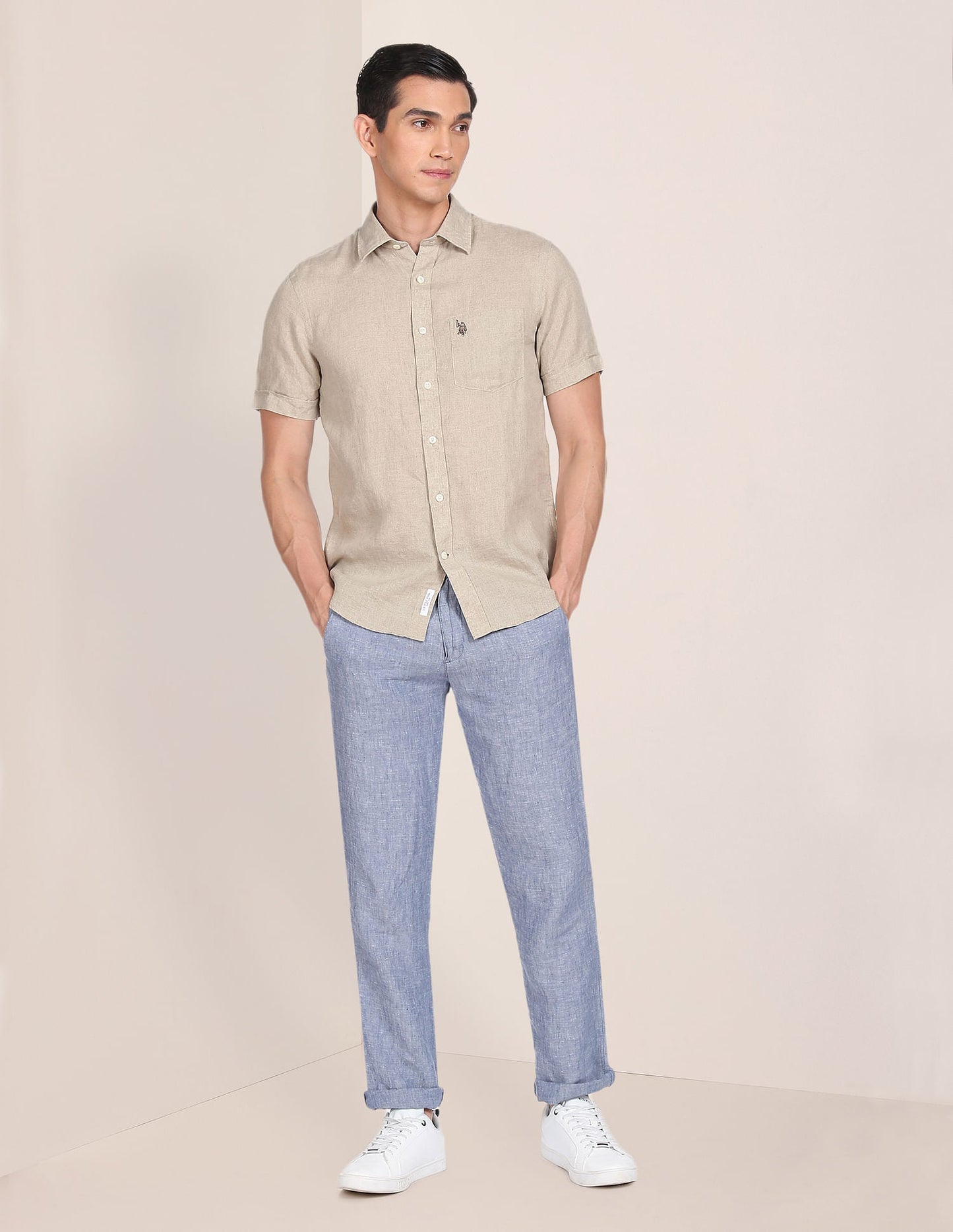 Men Beige Pure Linen Solid Casual Shirt