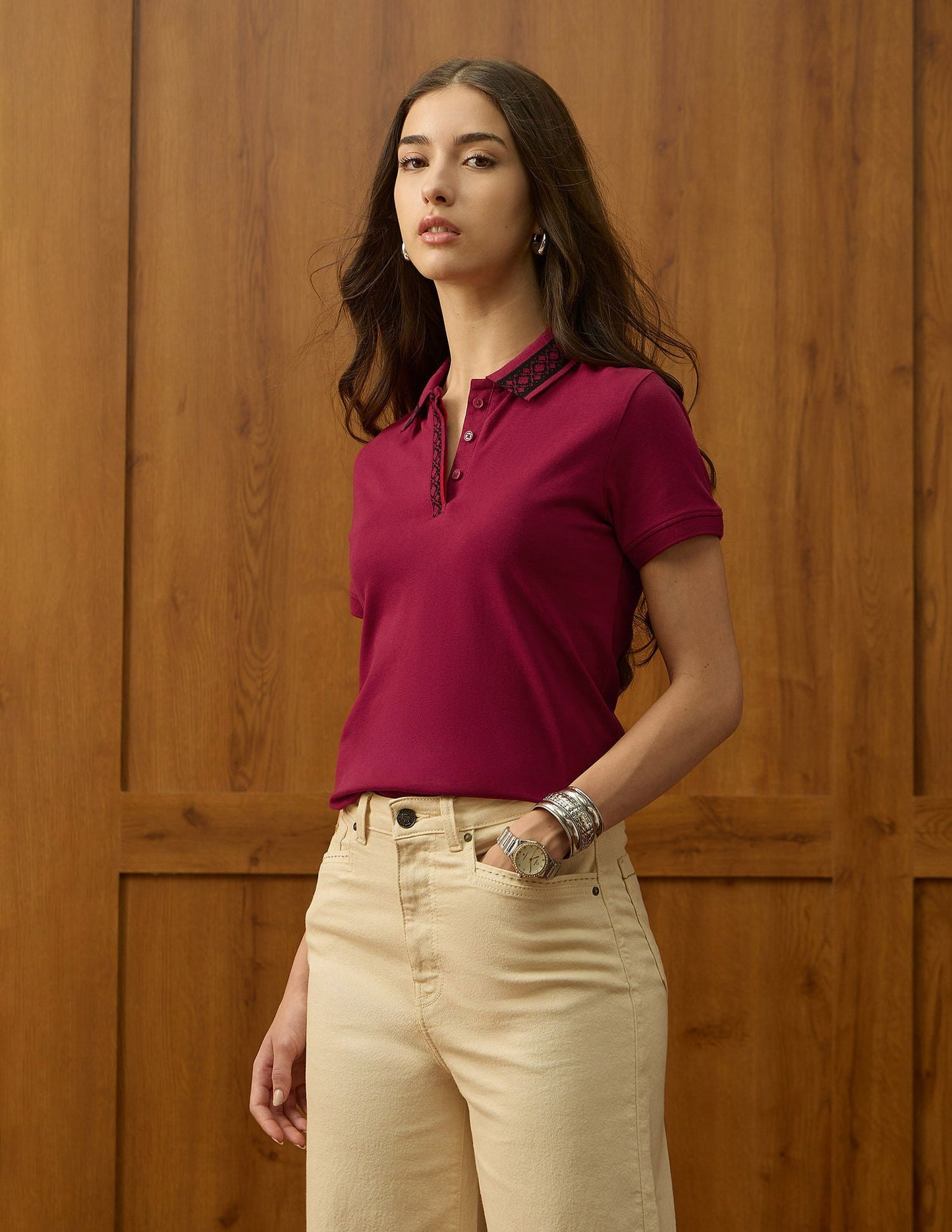 Jacquard Collar Solid Polo Shirt