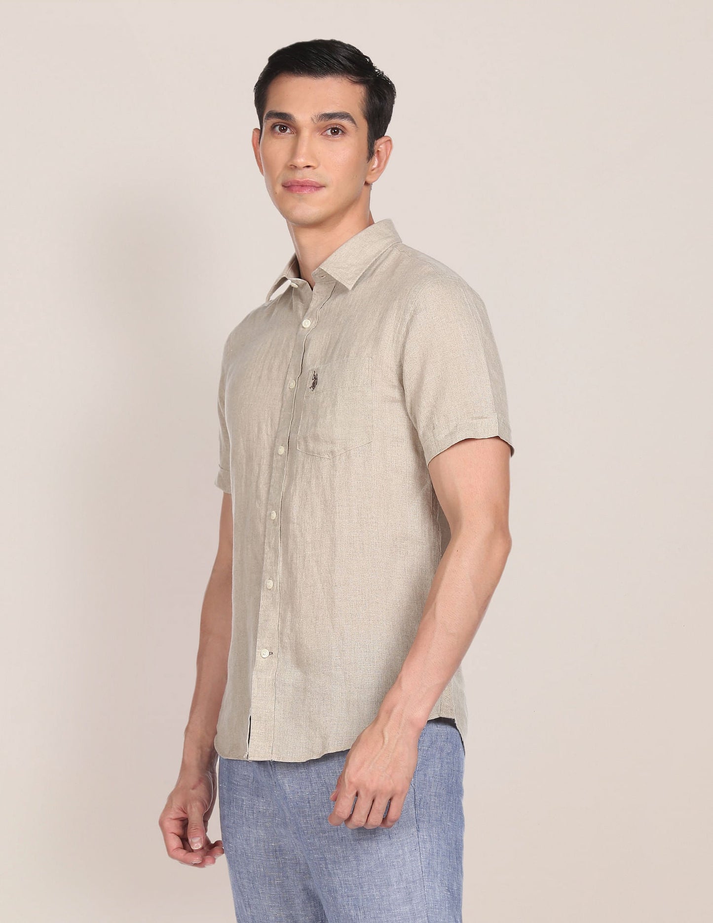 Men Beige Pure Linen Solid Casual Shirt