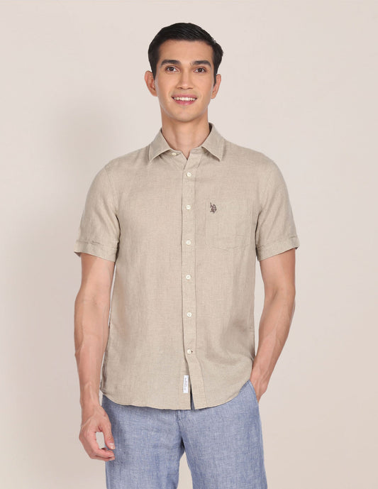Men Beige Pure Linen Solid Casual Shirt