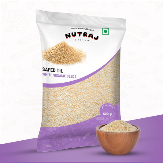 Nutraj Sesame Seeds Safed Til packet 500gm with bowl of Sesame seeds